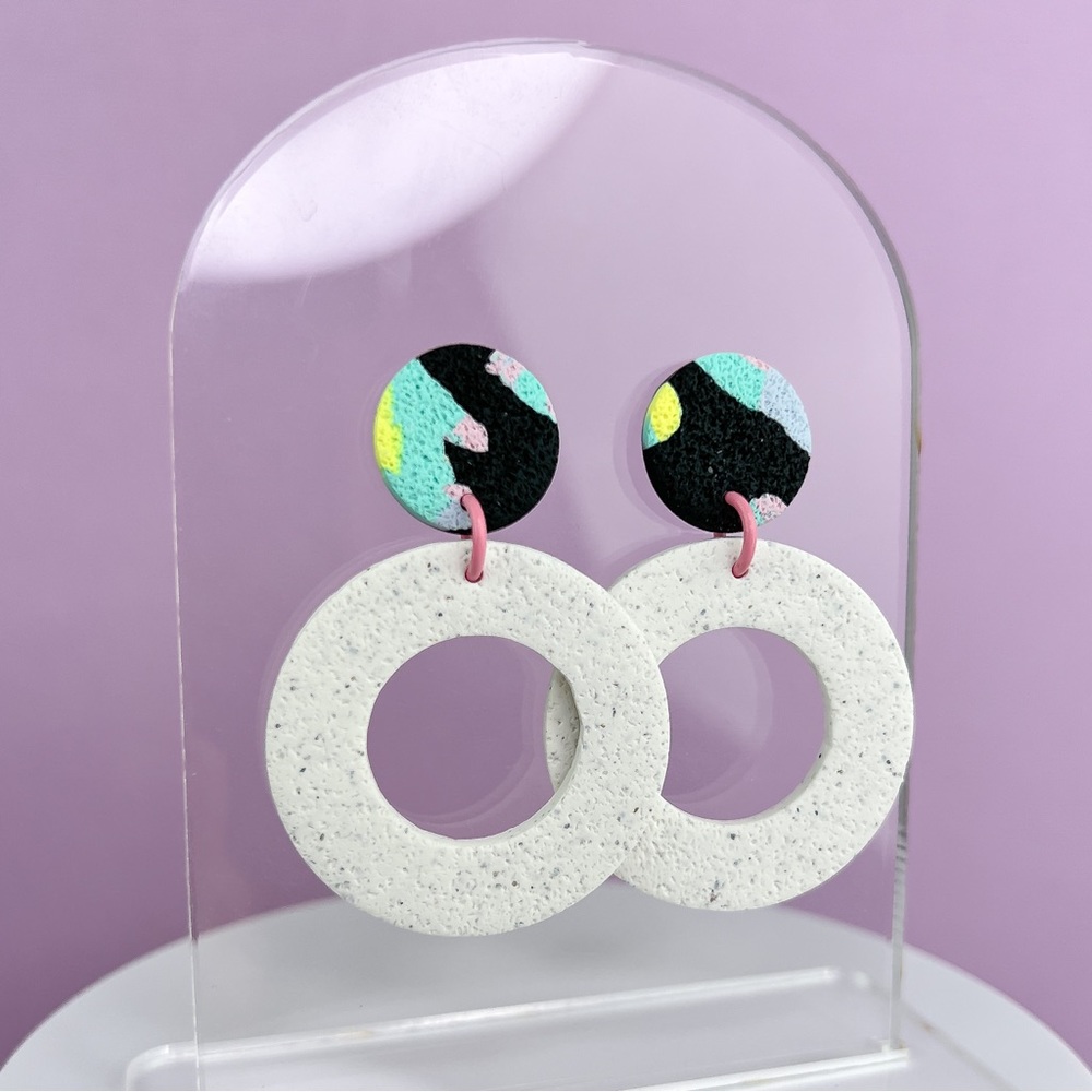Colourful Pattern with White Granite Handmade Polymer Clay Hoop Earrings